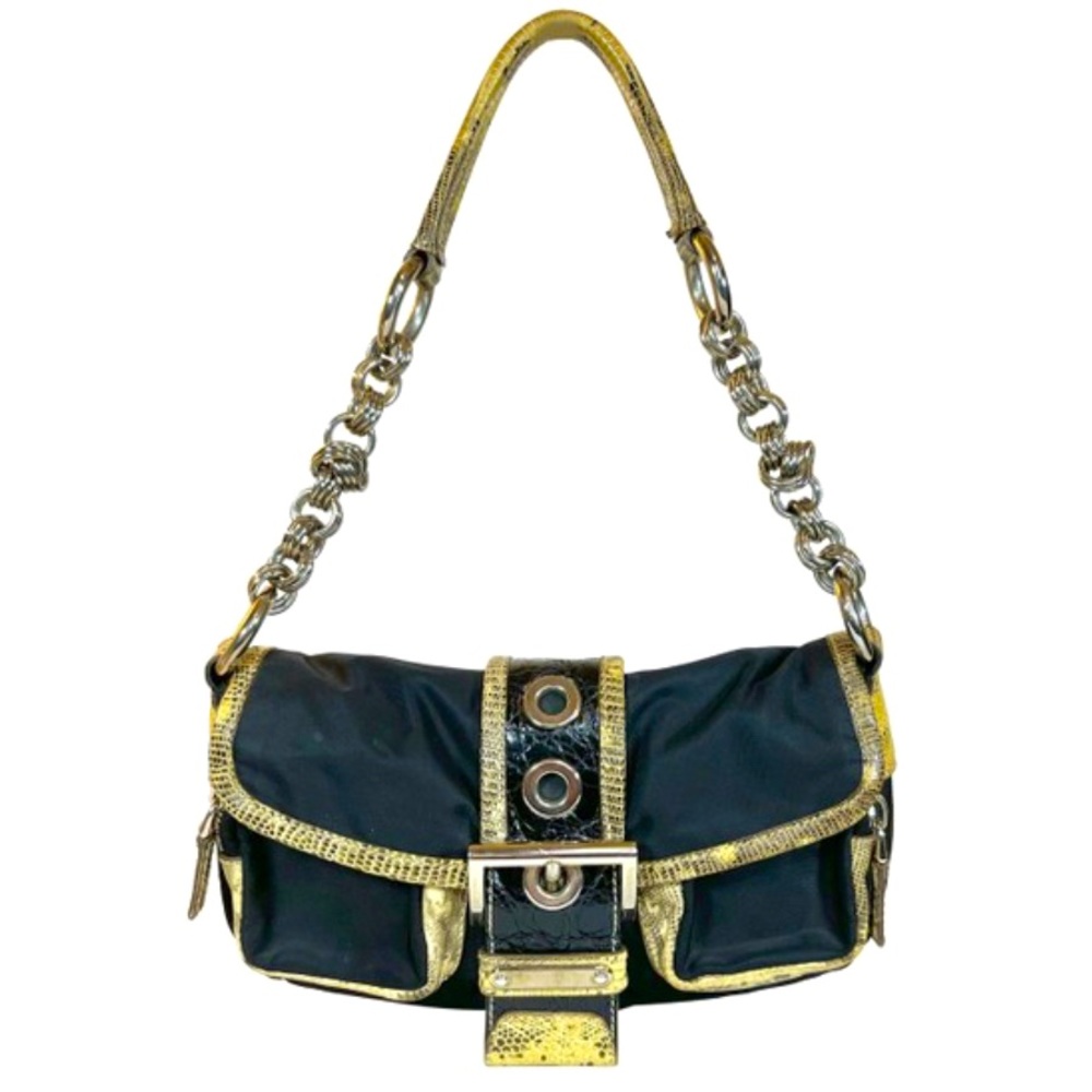 Prada Buckle Flap Canvas w Black & Beige Reptile Embossed Leather Shoulder Bag